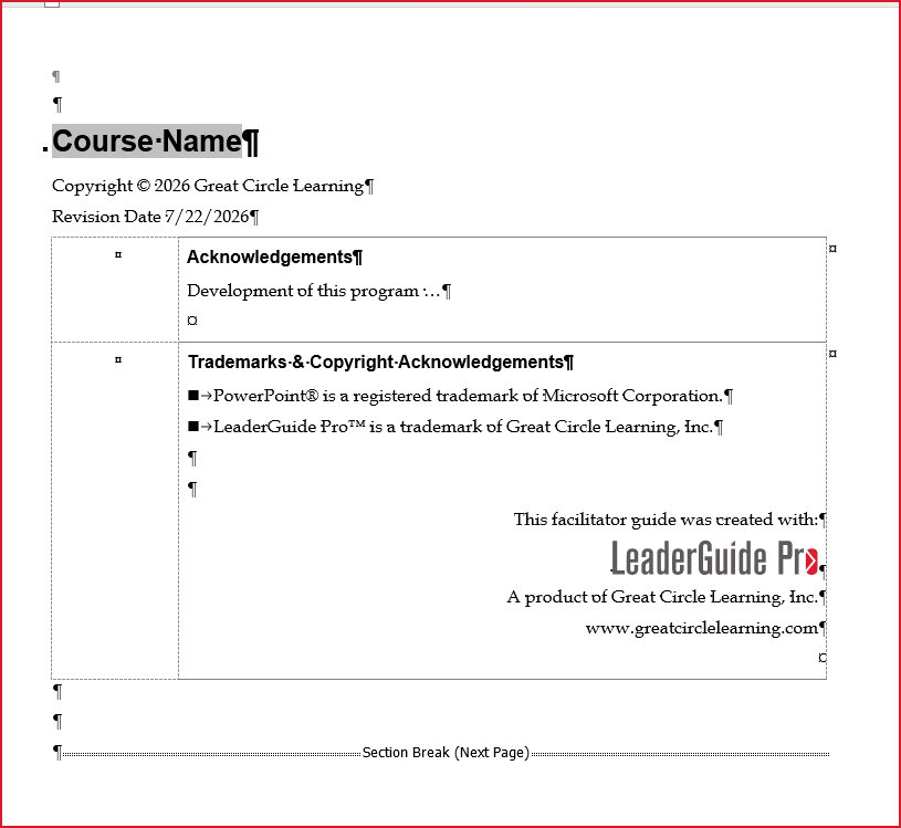 LeaderGuide Pro Acknowledgements Page