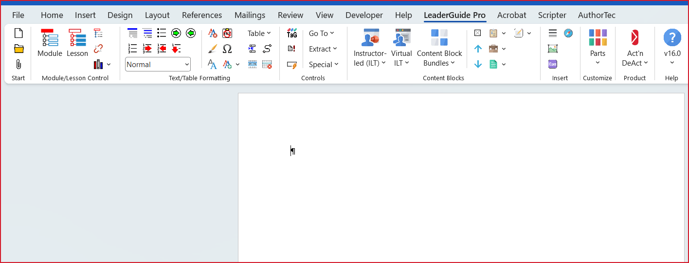 Blank new Word doc and LeaderGuide Pro ribbon