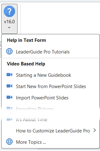 Help Group drop-down menu of options