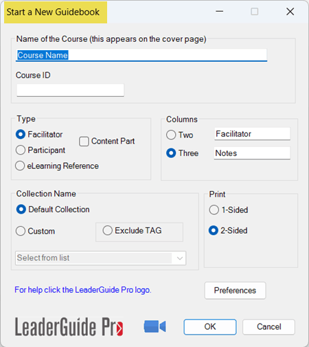 The Start a New Guidebook Wizard in LeaderGuide Pro