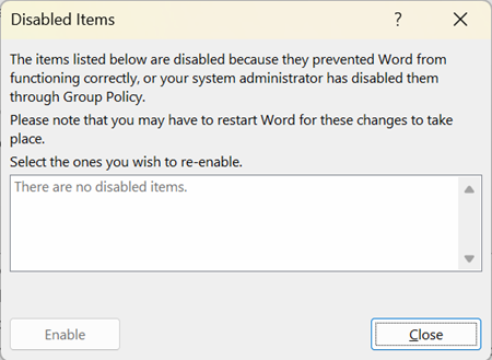 Addin - Disabled Addin Dialog Box