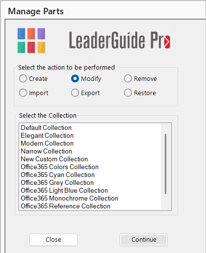 Manage Collections - Manage Parts menu