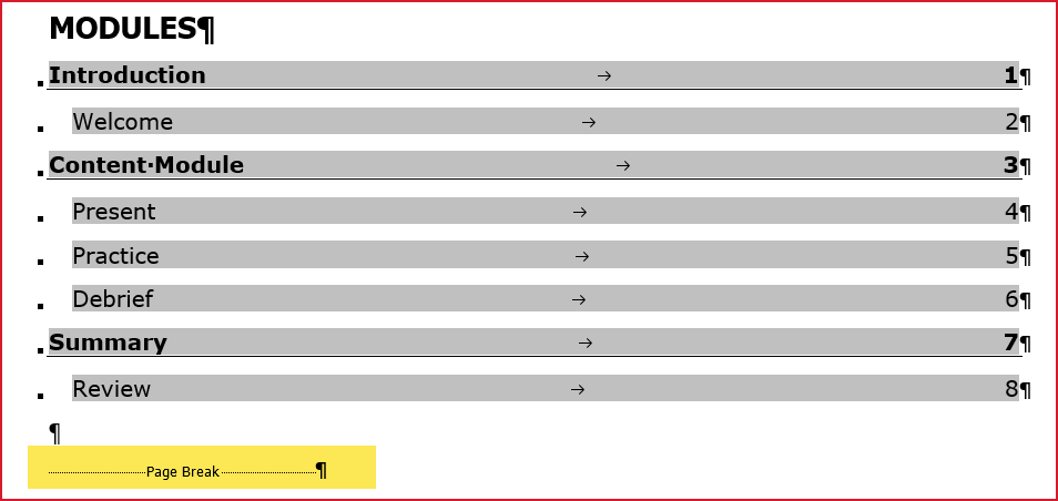Modules section in TOC