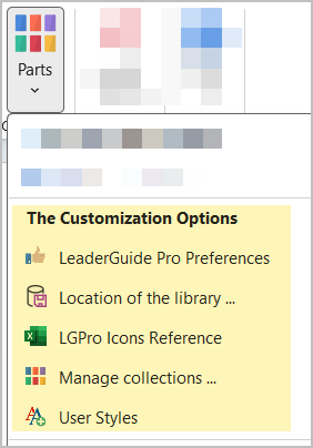 Parts button Customize Options menu