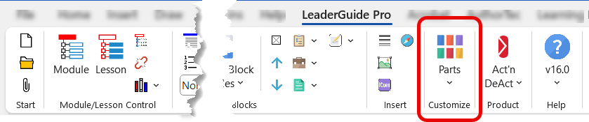 Parts Button on LeaderGuide Pro ribbon