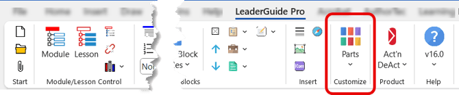 Parts Button on LeaderGuide Pro ribbon