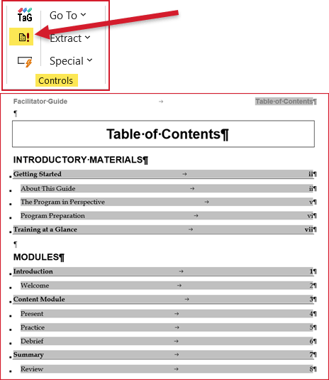 Update All Fields button with example TOC