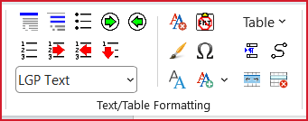 Text-Table Formatting group on LGPro Ribbon
